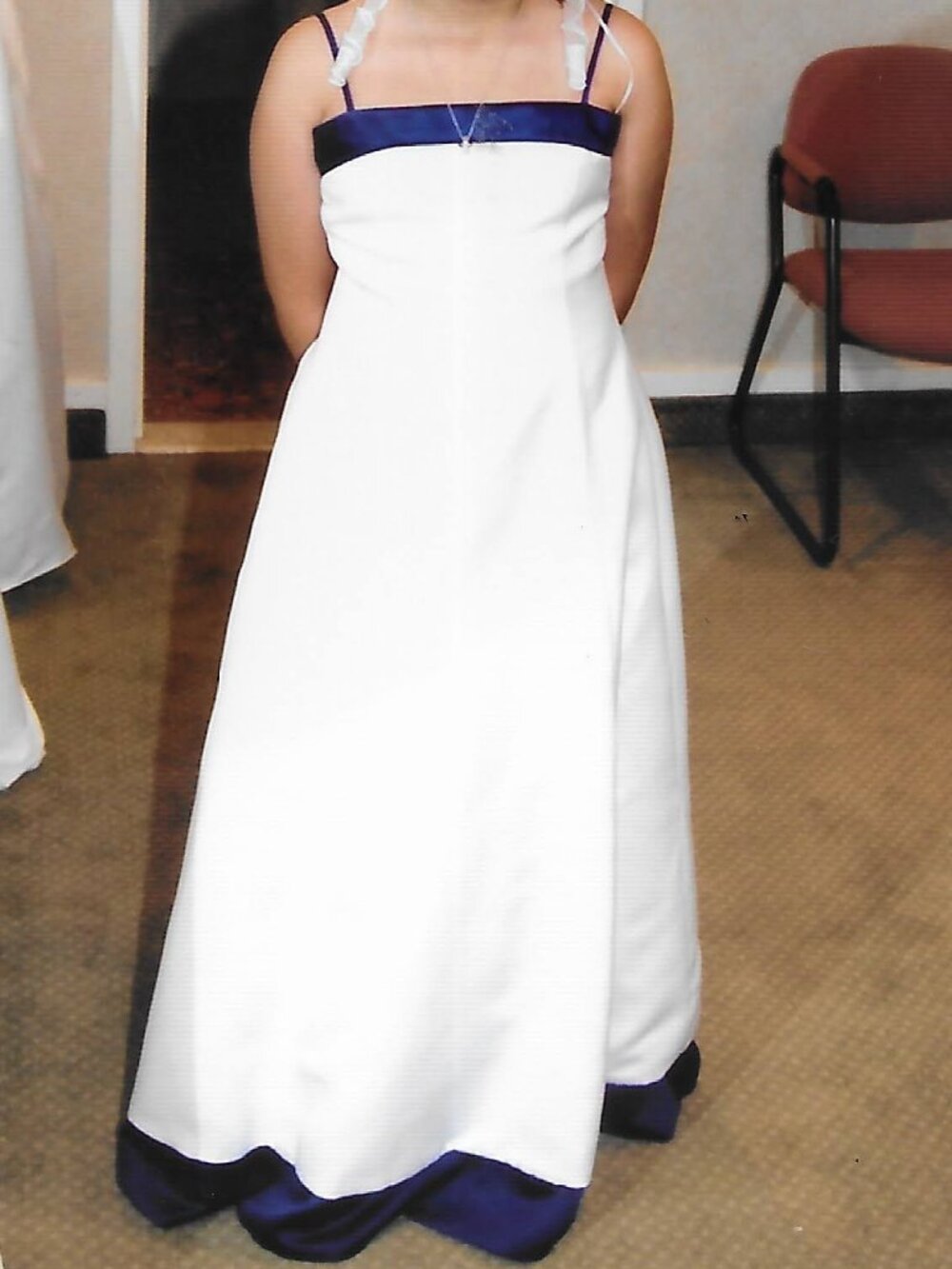 David's Bridal White Satin with Royal Blue Trim A-Line Formal Dress, Size 14. - Picture 1 of 9